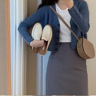 Plain Cropped Knit Cardigan / Midi Straight-fit Skirt