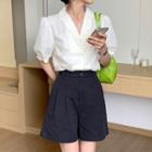 Puff-sleeve Blouse / High-waist Wide-leg Shorts
