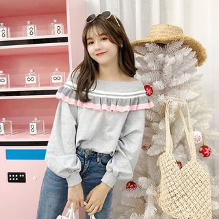 Off Shoulder Ruffle Trim Sweatshirt
