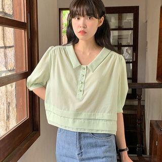 Lantern-sleeve Collared Plain Top