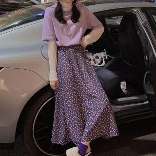 Plain Long-sleeve Mesh Top / Short-sleeve T-shirt / Flower Print Midi A-line Skirt