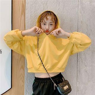 Plain Long-sleeve Hooded Sweatshirt / Color-block High-waist Pants