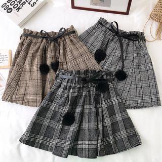 Pom Pom Plaid A-line Mini Skirt