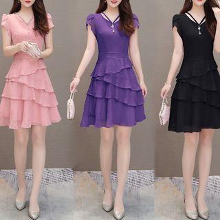 Cap-sleeve Layered A-line Chiffon Dress