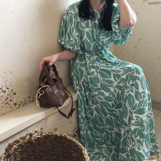 Lantern-sleeve Pattern Printed Loose Fit Chiffon Dress