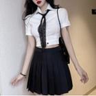 Short-sleeve Crop Shirt With Lace Tie / Pleated Mini A-line Skirt / Set