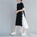 Short-sleeve Panel Mock Two-piece Dress Black & White - One Size