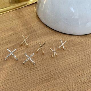 Cross Rhinestone Sterling Silver Earring 1 Pair - S925 Silver Ear Studs - White & Gold - One Size