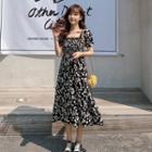 Short-sleeve Square Neck Floral Midi A-line Dress