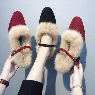 Low-heel Furry-trim Mary Jane Pumps