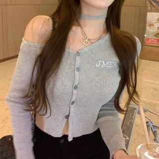 Long-sleeve One Shoulder Plain Slim Fit Button Halter Knit Top Gray - One Size