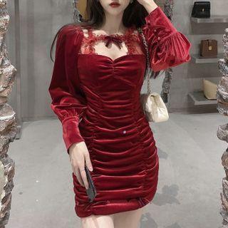 Long-sleeve Lace Trim Ruched Mini Sheath Dress