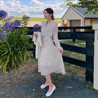 Chelsea-collar Drawstring-waist Long Floral Dress