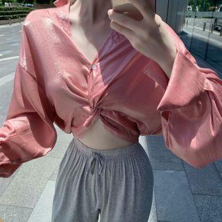 Long-sleeve Twist-front Shirt / Drawstring Sweatpants