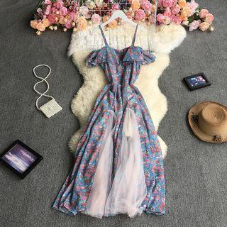 Spaghetti Strap Floral Print Mesh Panel Midi A-line Chiffon Dress