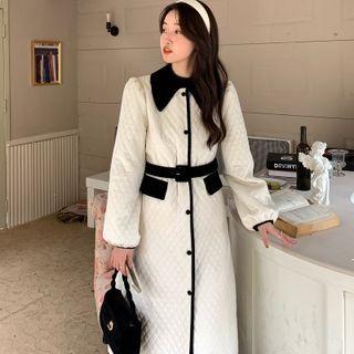 Long-sleeve Peter Pan-collar Contrast Trim Padded Coat White - One Size