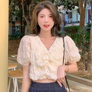 Puff-sleeve V-neck Crinkle Cropped Blouse