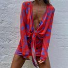 Flower Print Long-sleeve Deep Plunge Mini Dress