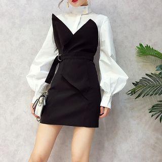 Set: Balloon-sleeve Shirt + Strapless Asymmetrical Dress