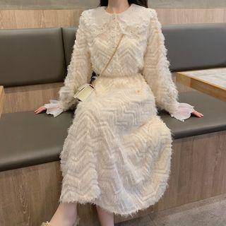 Lace Collar Fringed Long-sleeve Dress Almond - One Size