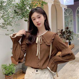Bell-sleeve Collared Contrast Trim Blouse
