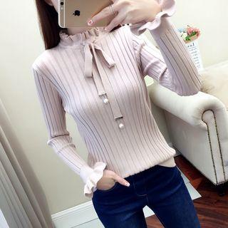 Ruffle Trim Long Sleeve Tie-neck Knit Top