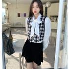 Long-sleeve Bow-accent Blouse / Houndstooth Vest / Plain Mini Skirt