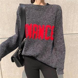 Lettering Printed Crewneck Long-sleeve Knit Top / Plain Pants