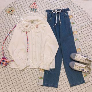Bell-sleeve Collared Eyelet Trim Blouse