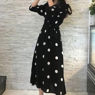 3/4-sleeve Dotted Midi A-line Wrap Dress