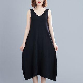 Sleeveless Midi A-line Dress / Cropped Denim Jacket