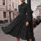 Tie Neck Dotted Long-sleeve Midi A-line Dress