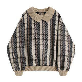 Plaid Collared Sweatshirt Gray & Beige - One Size