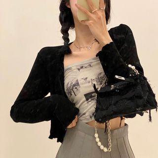Print Cropped Tube Top / Plain Cardigan