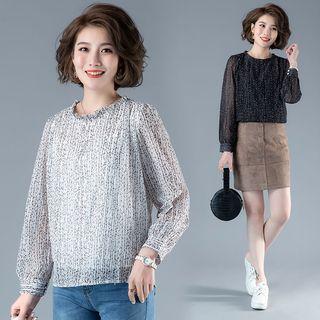 Wood Ear Collar Print Chiffon T Shirt
