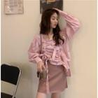 Drawstring Blouse / Faux Leather Mini Straight-fit Skirt