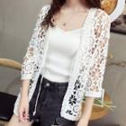 3/4-sleeve Tie-front Crochet Cardigan White - One Size