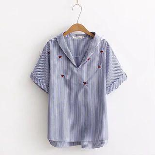 Short-sleeve Embroidery Pinstripe Blouse