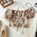Short-sleeve Off-shoulder Floral Print Crop Top / Faux Pearl Trim Pleated Mini A-line Skirt