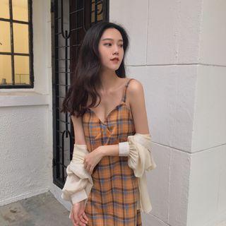 Plaid Spaghetti Strap Midi A-line Dress As Shown In Figure - One Size