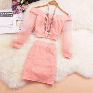 Off-shoulder Rhinestone Lettering Mesh Top + A-line Skirt