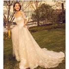 Short-sleeve Long Train Wedding Dress