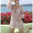 Set: Front Knot Bikini + 3/4-sleeve Lace Cover Up Playsuit