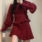 Set: Long-sleeve Frill Trim Knit Top + Mini A-line Skirt Wine Red - One Size