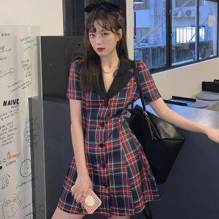 Short-sleeve Contrast Collar Plaid Single-breasted Mini A-line Dress
