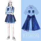 Set: Denim Short-sleeve Mini A-line Shirtdress + Mesh Skirt