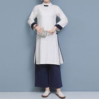 Long-sleeve Contrast Trim Hanfu Top / Wide Leg Pants / Set