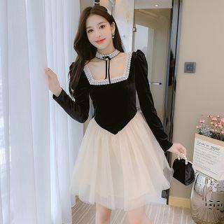 Long-sleeve Lace Trim A-line Mesh Dress