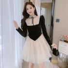Long-sleeve Lace Trim A-line Mesh Dress