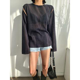 Slit Sheer Rib-knit Top